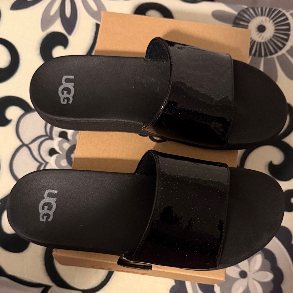 UGG Glossy Black Slide Sandals